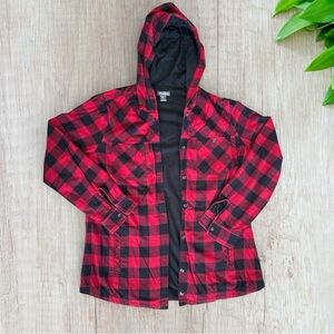 EDDIE BAUER Red & Black Buffalo Plaid Button Down Hoodie / Shacket Size L